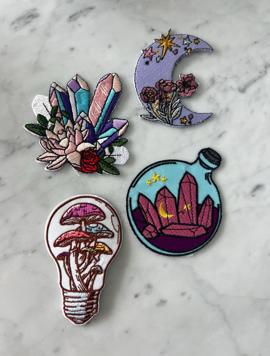 Crystal Magic Embroidered  Iron-On Patches– Witchy Moon, Crystals, Mushroom Lightbulb, Boho Spiritual