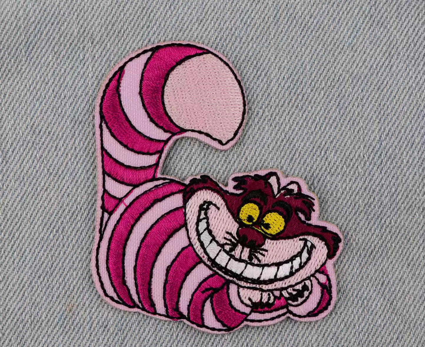 Pink Striped Grinning Cat Embroidered Iron-On Patch