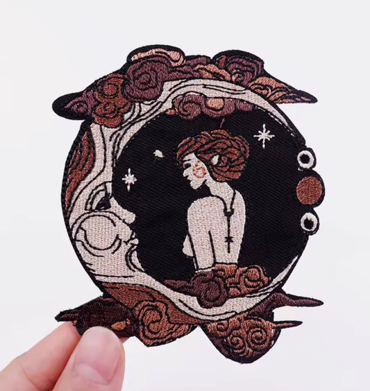 Gothic Moon Goddess Embroidered Iron-On Patch