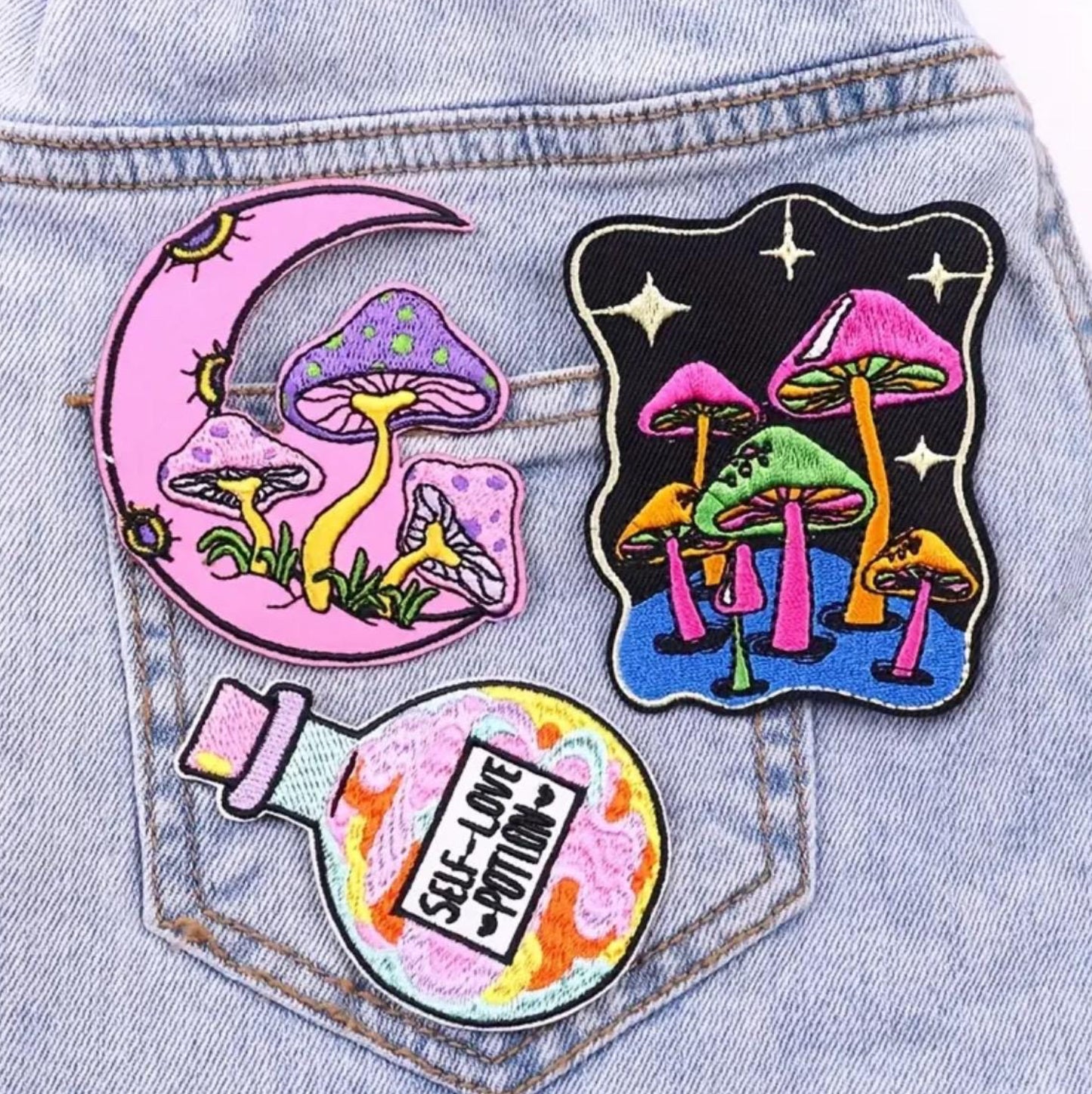 Mushroom & Potion Embroidered Patches – Trippy Mushrooms, Self Love Potion, Moon