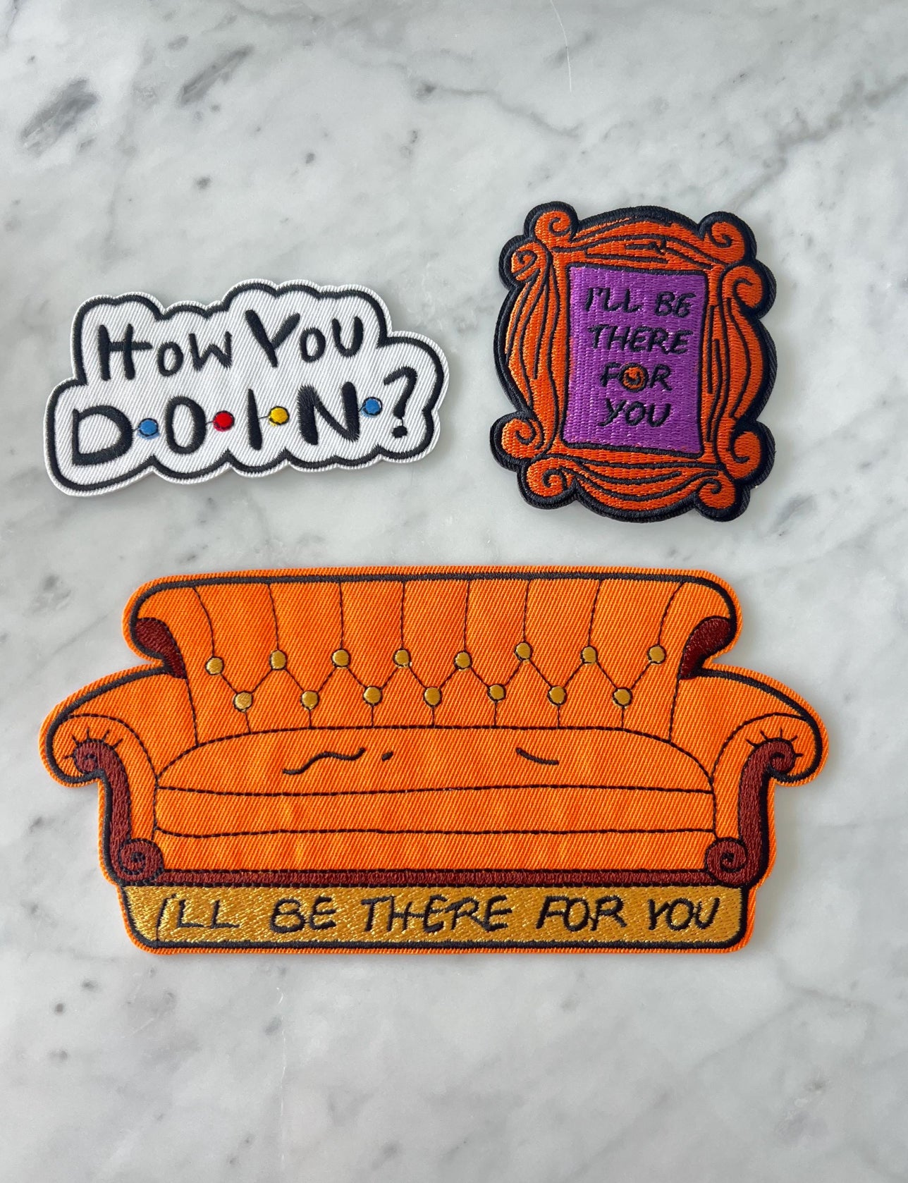 Friends TV Show Inspired Embroidered Iron-On Patches – “How You Doin?” + Couch + Frame