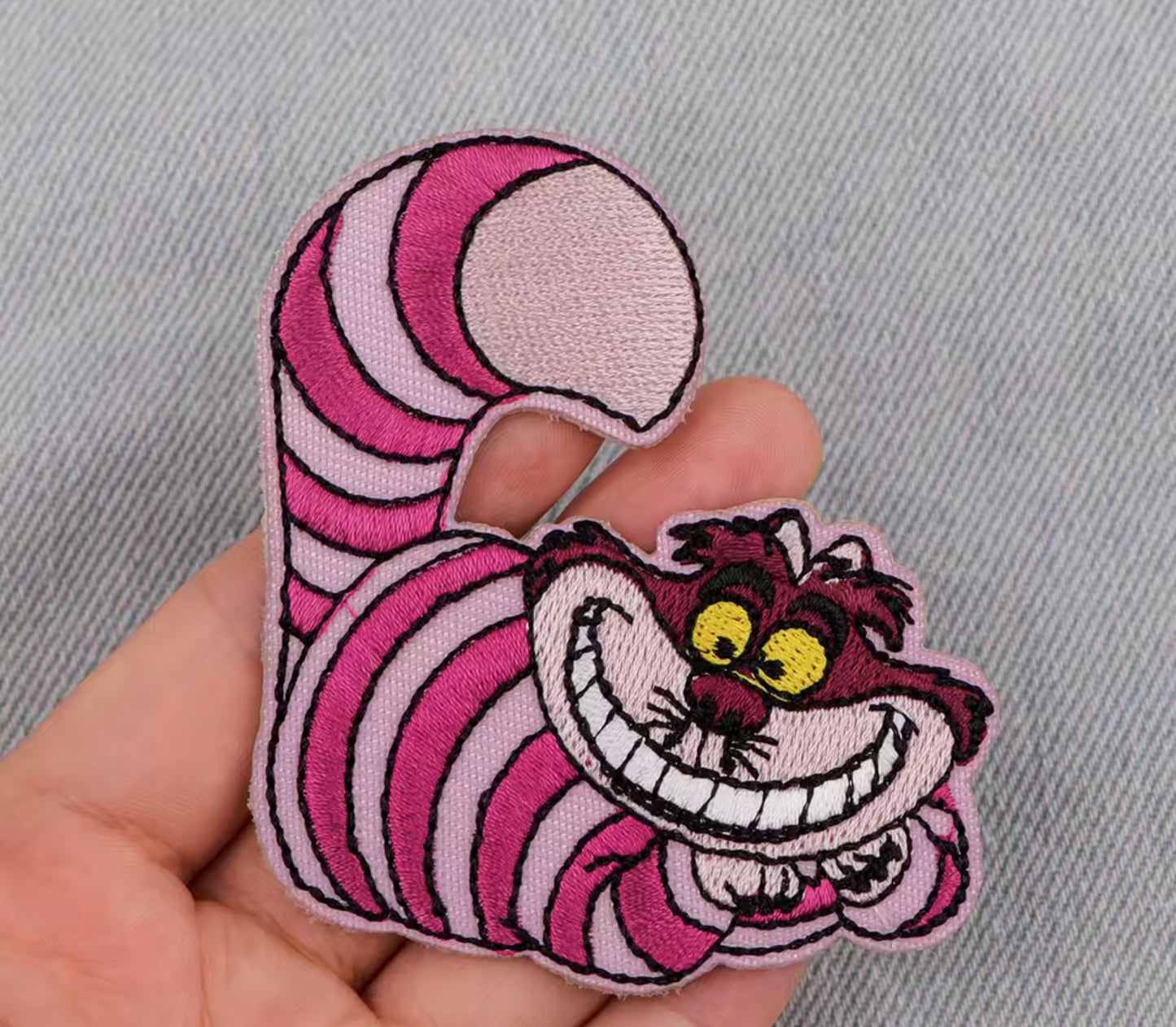 Pink Striped Grinning Cat Embroidered Iron-On Patch