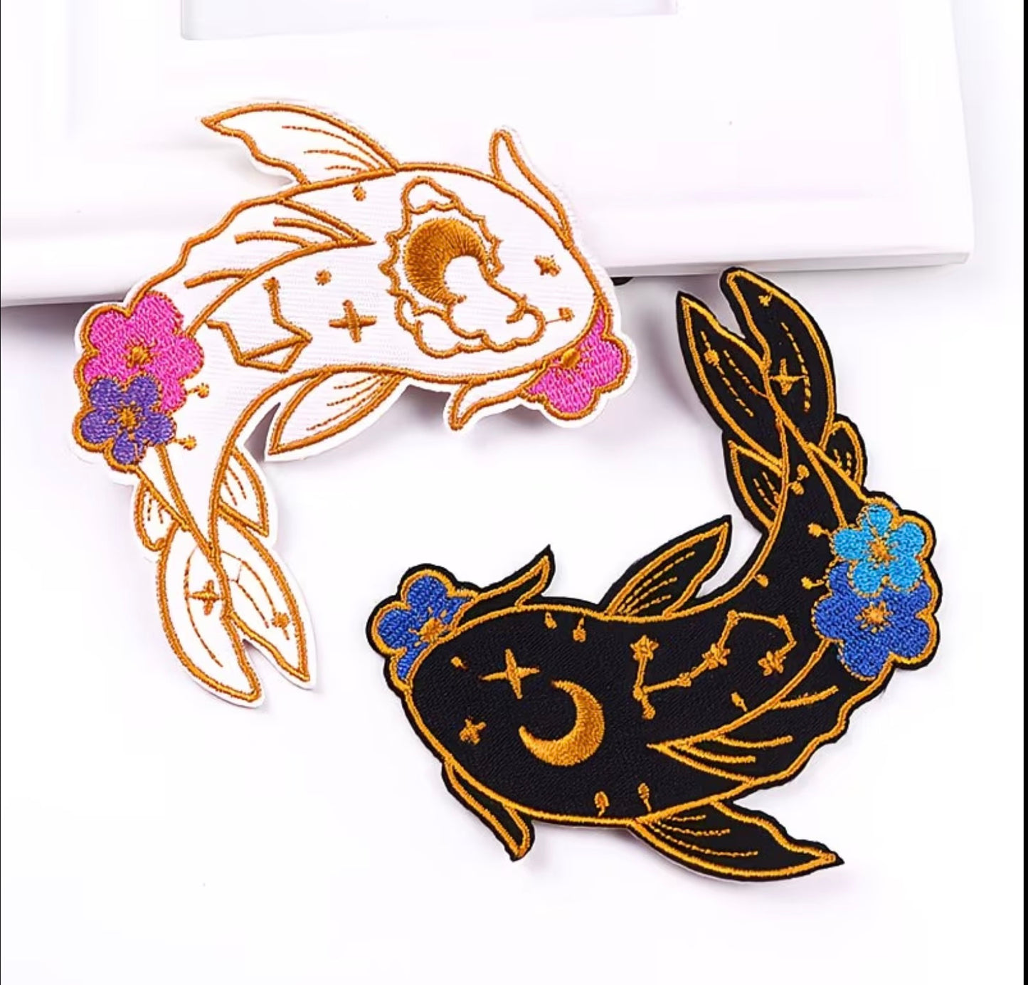 Celestial Koi Fish Embroidered Iron-On Patch (Sun & Moon Design)