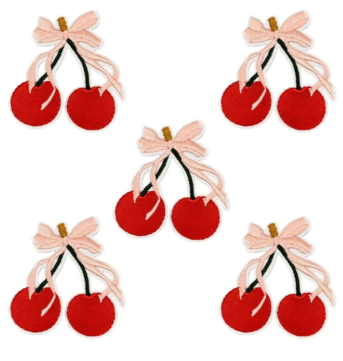 Cute Red Cherry Iron-On Embroidered Patch with Pink Ribbon