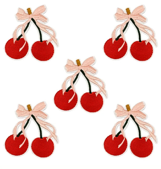 Cute Red Cherry Iron-On Embroidered Patch with Pink Ribbon