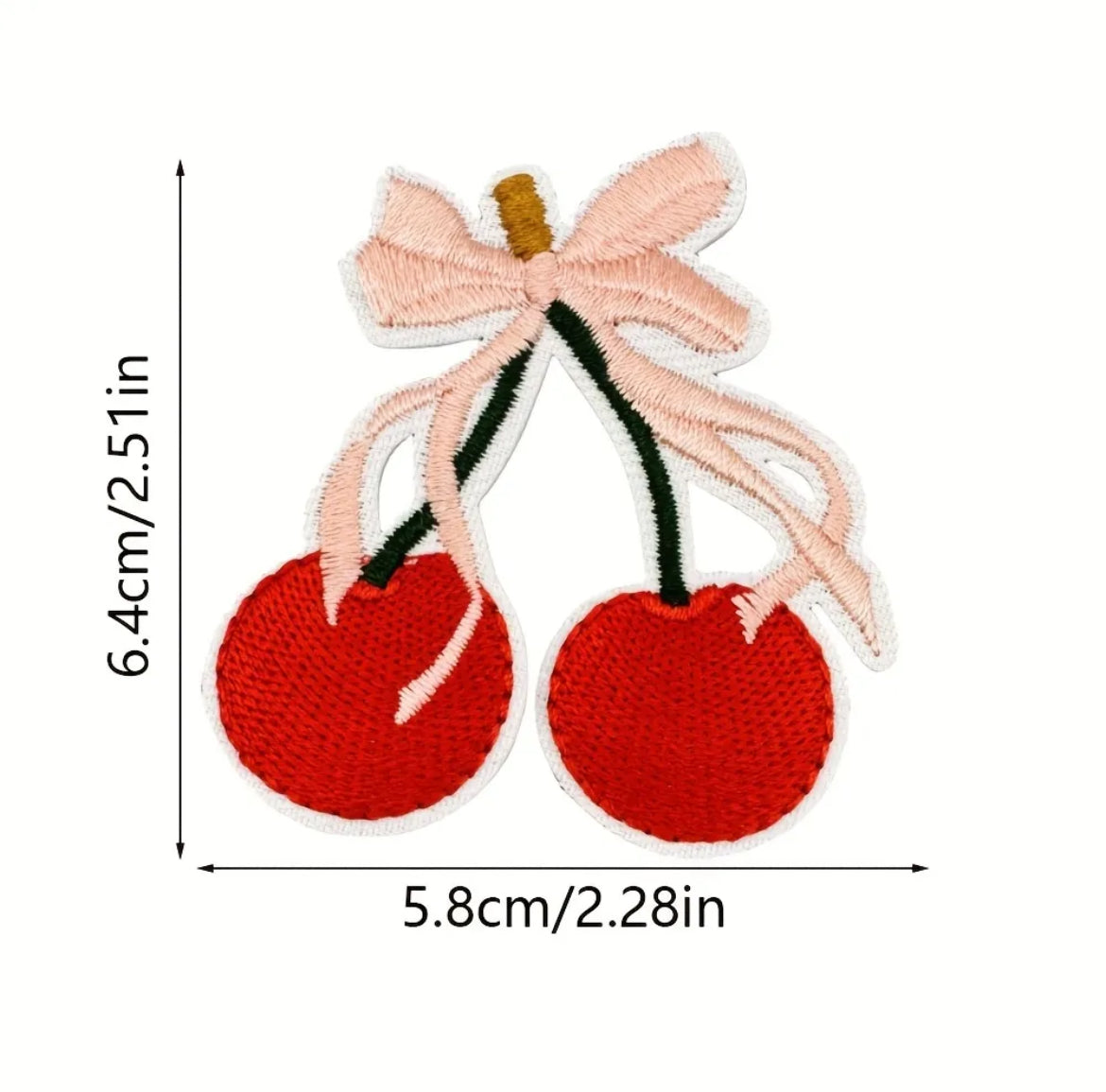 Cute Red Cherry Iron-On Embroidered Patch with Pink Ribbon