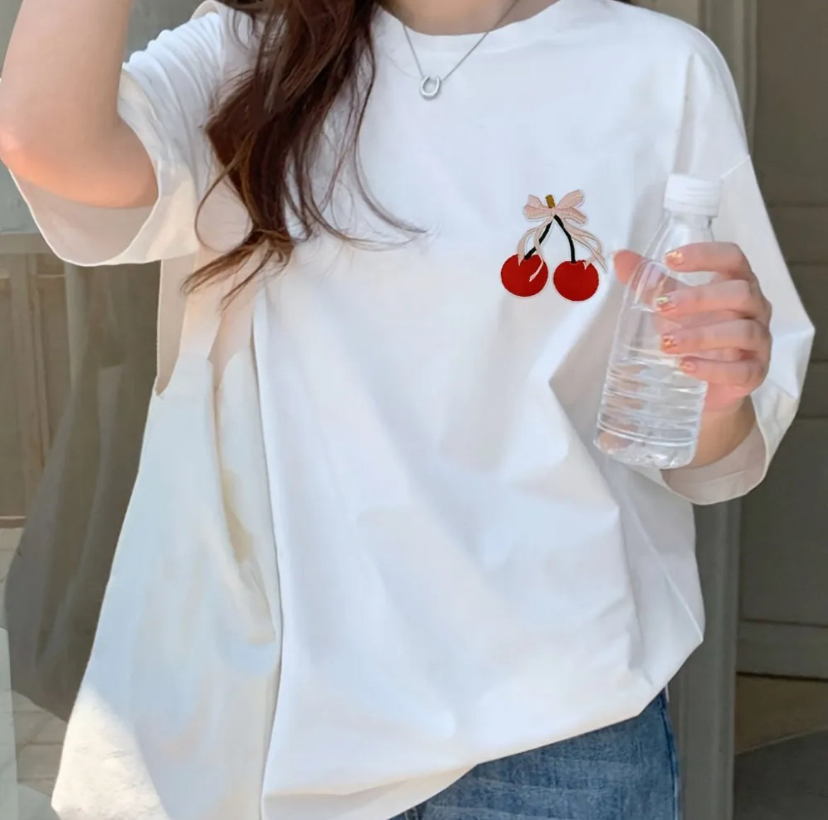 Cute Red Cherry Iron-On Embroidered Patch with Pink Ribbon