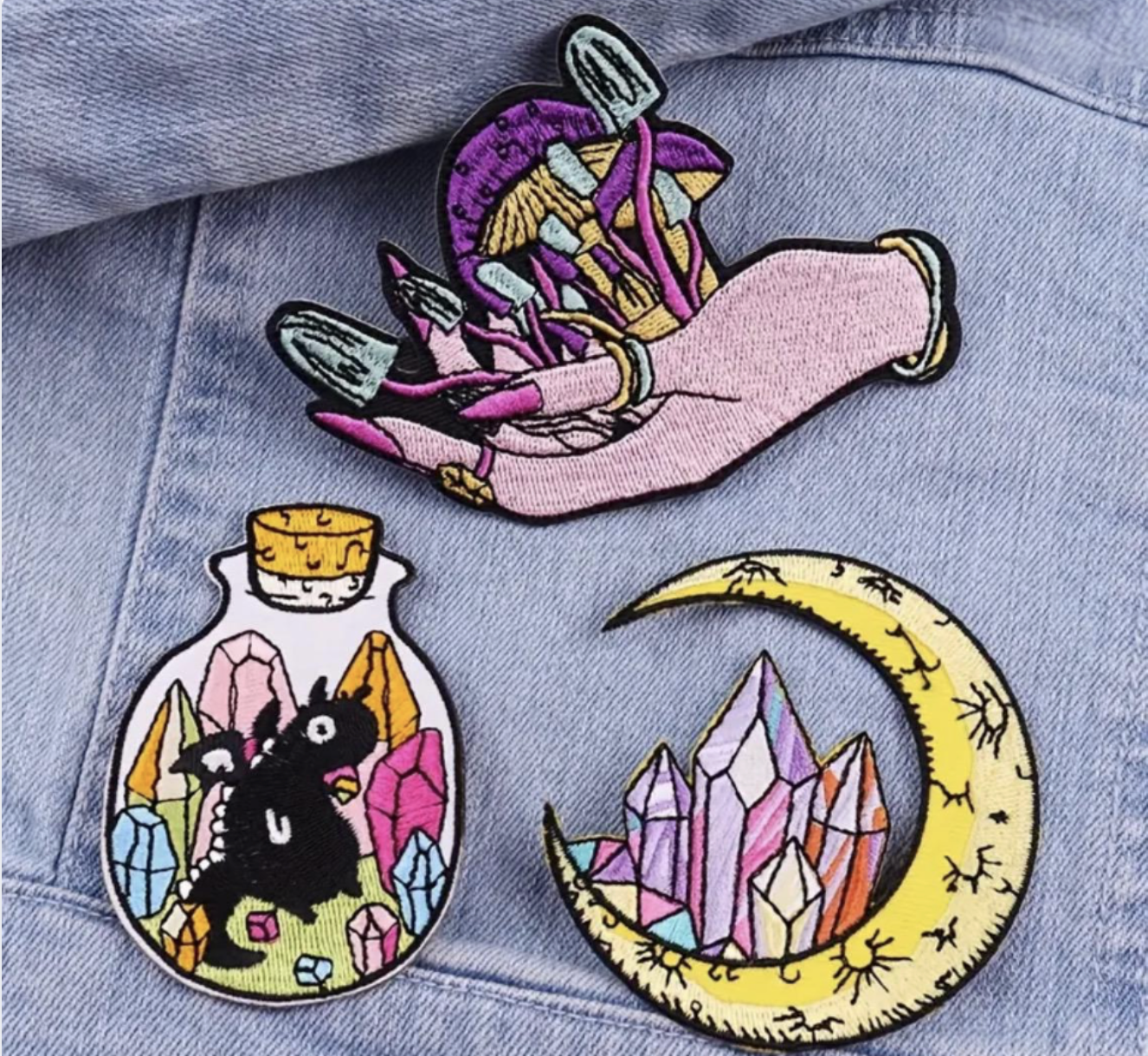 Witchy Crystal Embroidered Patches – Moon, Magic Hand, Black Cat Jar
